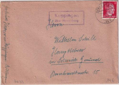 DR - Kuppingen ü. Herrenberg Landpost-Ra2 Brief n. Schwäb. Gm,ünd 1943