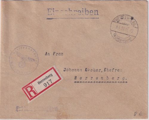 DR - Herrenberg 1937 Dienst-Ortseinschreibebrief/Frei d. Ablösung