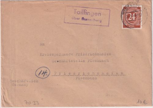 All.Bes. - Tailfingen ü. Herrenberg Landpost-Ra2 Brief n. Friedrichshafen 1946