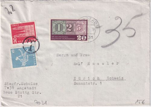 BRD - Magstadt 1965 Brief i.d. SCHWEIZ 35 Rp. Freimarken Nachporto