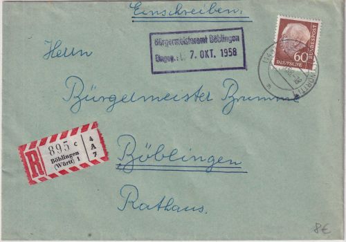BRD - 60 Pfg. Heuss II Ortseinschreibebrief Böblingen 1958