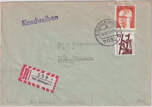BRD - Sindelfingen 1973 Einschreibebrief n. Böblingen - R-Zettel Böblingen !!