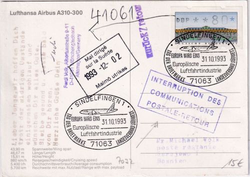 BRD/Postsperre - Sindelfingen 1993 Luftpostkarte n. BOSNIEN (Sarajewo)
