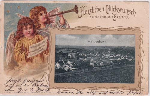 Württemberg - Waldenbuch farb. Glückwunsch/Neujahr-Passepartout gelaufen 1906