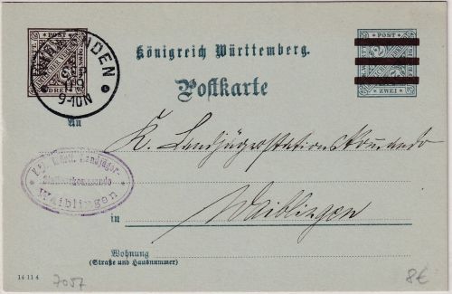 Württemberg - 3/2 Pfg. Dienstganzsache/Überdruck Winnenden - Waiblingen 1909