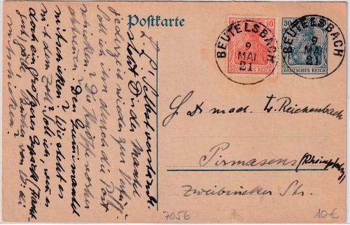 DR - Beutelsbach 1921 kl. K1 Ganzsache+Zusatz n. Pirmasens