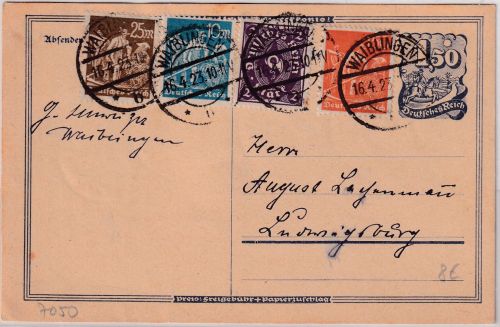 DR-Infla - 1,50 M. Postreiter Ganzsache+Zusatz Waiblingen - Ludwigsburg 1923