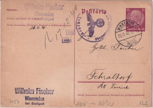 DR - 15 Pfg. Hindenburg ganzsache i.d. SCHWEIZ Winnenden 1940 OKW-Zensur