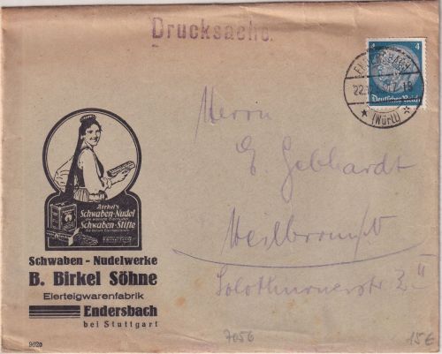 DR - 4 Pfg. Hindenburg Perfin "O&A" Drucksache Endersbach - Heilbronn 1933