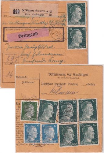 DR - Stetten (Remstal) ü. Waiblingen Poststelle I Dringend-Paketkarte 1943