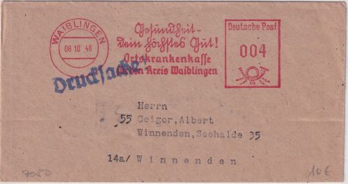 Bizone - 4 Pfg. AFS "Ortskrankenkasse" Drucksachenbrief n. Winnenden 1948