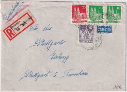 Bizone - Beinstein ü. Waiblingen Poststelle I Einschreibebrief n. Stuttgart 1950