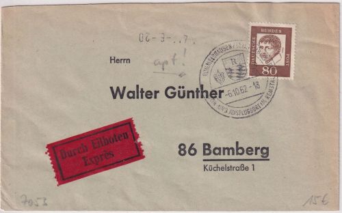 BRD - 80 Pfg. Bed. Deutsche Eilbrief apt. Handwerbestpl. Rommelshausen 1962