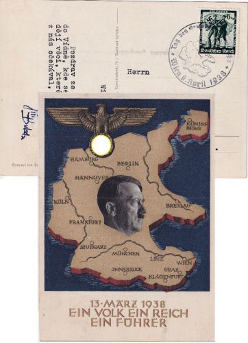 DR - Anschluss Österreich farb. Propagandakarte + Frankatur u. SST Wien 1938