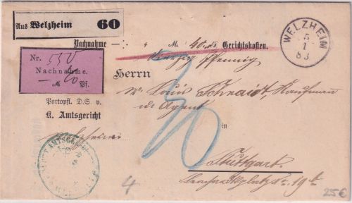 Württemberg - Welzheim 1883 K1 Nachnahmebrief n. Stuttgart - 30 Pfg. Nachporto