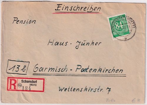 All.Bes. - 84 Pfg. Ziffer Einschreibebrief Schorndorf - Garmisch-P. 1948