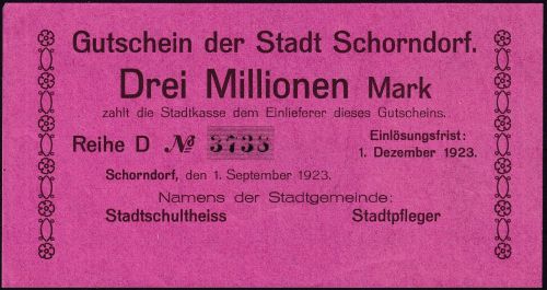 DR-Infla - Schorndorf 1923 Gutschein d. Stadt ü. Drei Millionen Mark