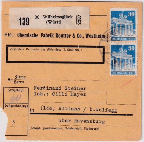 Bizone - 2x30 Pfg. Bauten Paketkarte Wilhelmsglück - Alttann b. Wolfsegg 1948