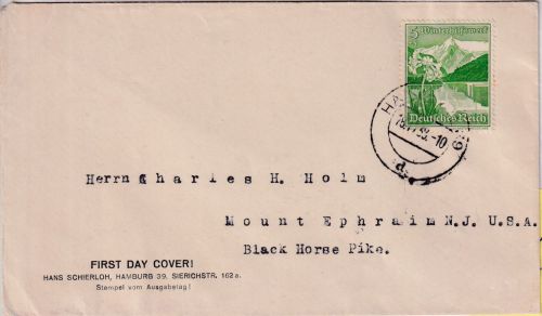 DR - 5 Pfg. WHW/Blumen Drucksache/FDC n. USA Hamburg 18.11.38