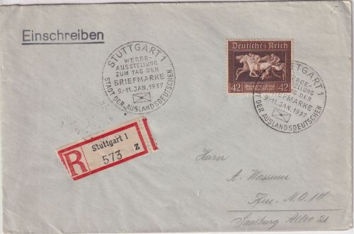 DR - 42 Pfg. Braunes band ex Block Einschreibebrief SST Stuttgart - FFM 1937