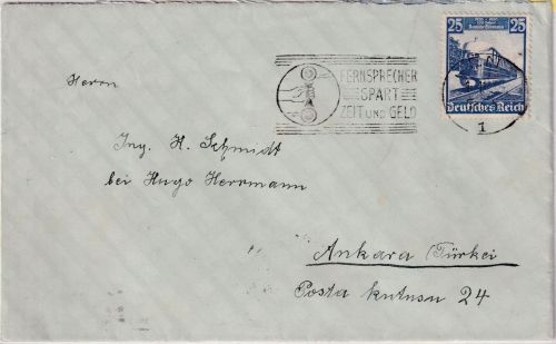 DR - 25 Pfg. 100 J. Dt. Eisenbahn Brief i.d. TÜRKEI Jena - Ankara 1935