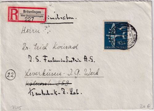 DR - 42 Pfg. Luftpostdienst Einschreibebrief Bräunlingen ü. Donaueschingen 1944