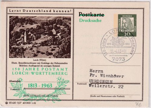 BRD - Lorch 1963 Zudruck 150 J. Postamt 10 Pfg. Bildganzsache Lorch