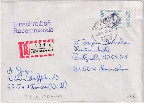 BRD - 450 Pfg. Frauen/Oberrand Einschreibebrief 7073/73547 Lorch - München 1993