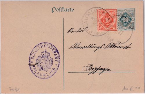 Württemberg - 30 Pfg. Dienstganzsache+Zusatz K1 Plaumloch - Bopfingen 1921