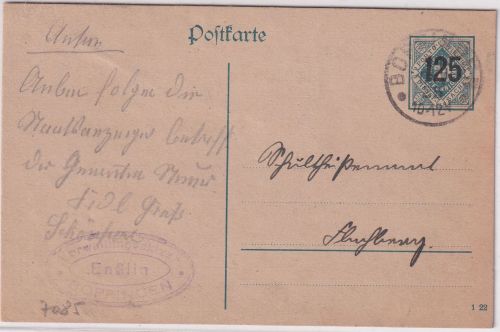 DR-Infla - 125/30 Pfg. Dienstganzsache Überdruck Bobingen - Flensburg 1921
