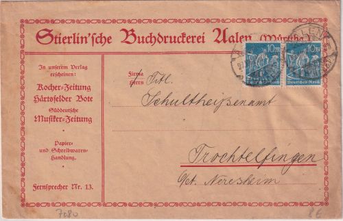 DR-Infla - 2x10 M. Schnitter Firmendrucksache aalen - Trochtelfingen 1923