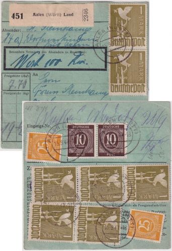 All.Bes. - 7x1 M. Taube u.a. Paketkarte aalen Land - Düsseldorf 1947
