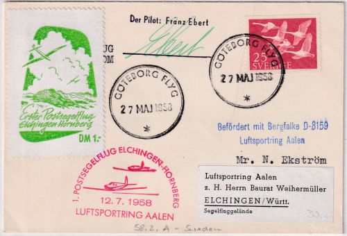 Schweden - Zuleitungspost Elchingen Hornberg 1. Postsegelflug Brief 1958