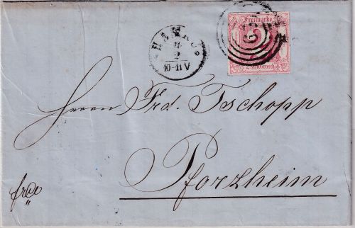Thurn&Taxis - 2 Sgr. geschn. Brief Ring 29 K1 Hanau 11/2 n. Pforzheim 1863