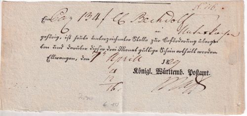 Württemberg - Ellwangen 1829 Paketaufgabeschein Ortsvordruck