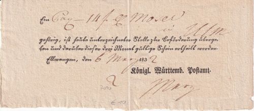 Württemberg - Ellwangen 1832 Paketaufgabeschein Ortsvordruck