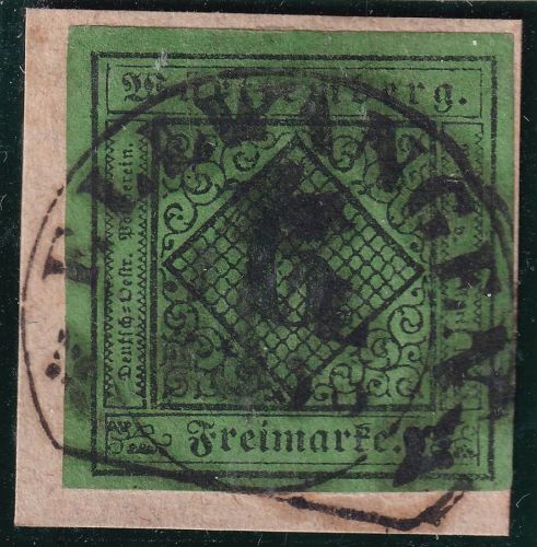 Württemberg - 6 Kr. schwarz/grün Ausg. 1851 Steigbügelstpl. Ellwangen Briefstück