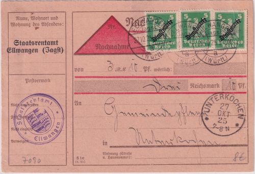 DR - 3x5 Pfg. Adler/Dienst Nachnahmekarte Ellwangen - Unterkochen 1925