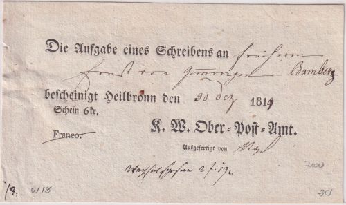 Württemberg - Heilbronn K.W.Ober-Post-Amt 1819 Aufgabeschein f. Brief n. Bamberg