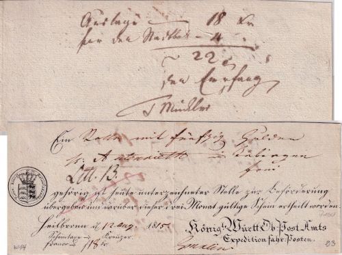 Württemberg - Heilbronn Fahrpost-Aufgabeschein f. Wertsendung n. Tübingen 1815