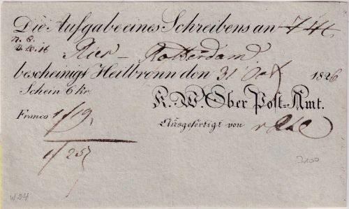 Württemberg - Heilbronn Aufgabeschein f. Sendung n. Rotterdam/HOLLAND 1826