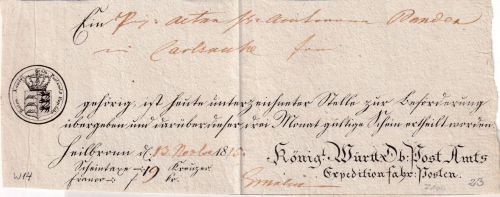 Württemberg - Heilbronn Aufgabeschein f. Fahrpostsendung n. Karslruhe 1815