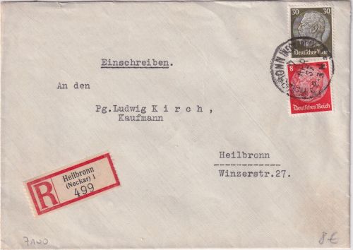 DR - 30+8 Pfg. Hindenburg Ortseinschreibebrief Heilbronn 1937