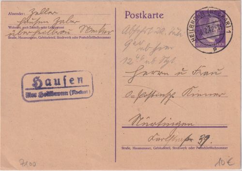 DR - Hausen ü. Heilbronn Landpost-Ra2 6 Pfg. Ganzsache n. Nürtingen 1942