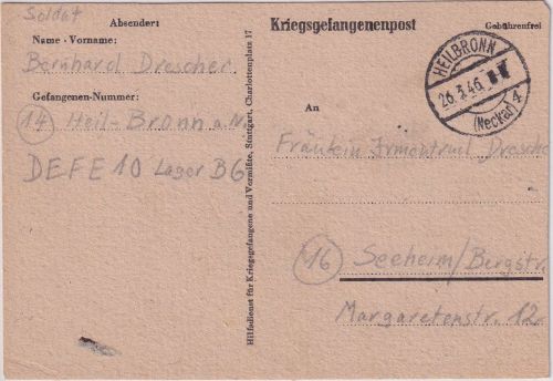 All.Bes. - Heilbronn 26.3.46 Kriegsgefangenenkarte (Vordruck) n. Seeheim