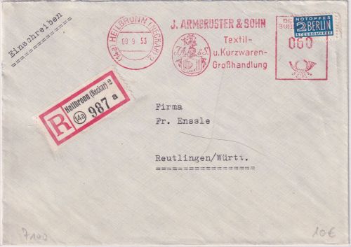 BRD - 60 Pfg. AFS "Armbruster Textil" Einschreibebrief Heilbronn Reutlingen 1953