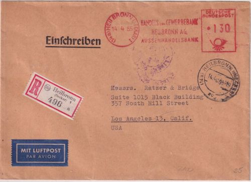 BRD - 130 Pfg. AFS "Handels- u. Gewerbebank" Lupo-Einschreibebrief n. USA 1955