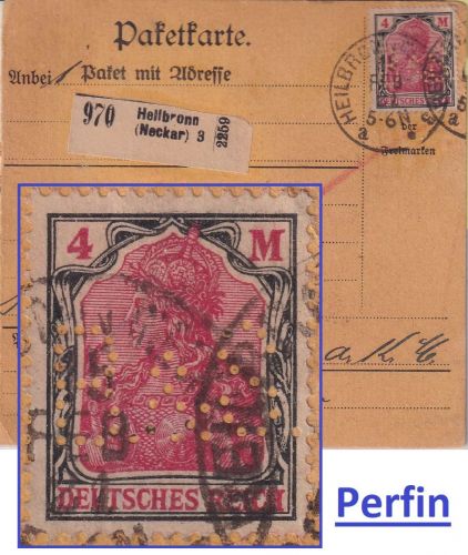 DR - 4 M. Germania Perfin "B&S" Paketkarte Heilbronn 3 - Stetten a.k.M. 1921