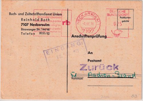 BRD - Neckarsulm 1971 25 Pfg. AFS Anschriftenprüfung n. Aachen