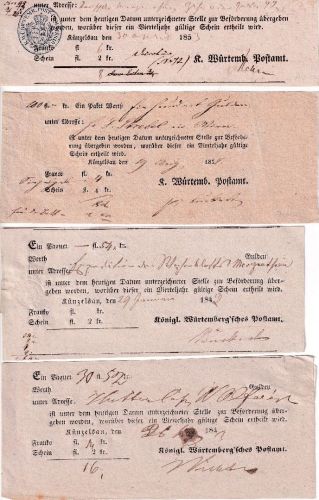 Württemberg - Künzelsau 1838-1853 4 Aufgabescheine u.a. 1x n. Wien